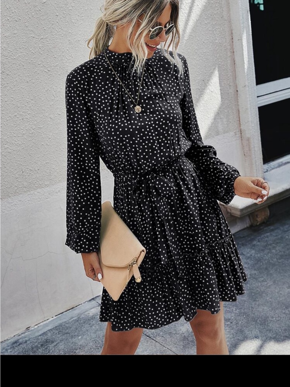Polka Dot Long Sleeve Tiered Mini Dress - Black